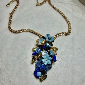 Vintage Upcycle Gold and Blue Floral Necklace
